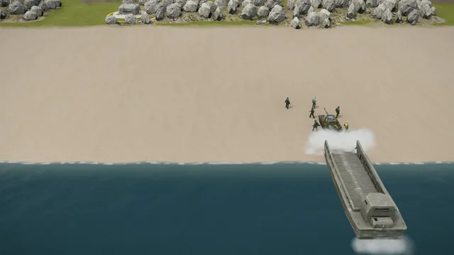 Operation Beachhead in Iron War: landing craft run up the beach in front of a line of dunes with concrete bunkers