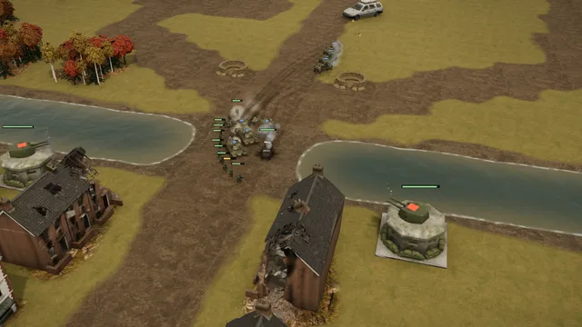 Operation Breakthrough in Iron War: tanks and infantry crossing the causeway at the canal, between ruined houses, under fire from two bunkers