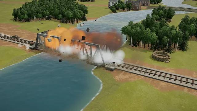 The steel railway bridge of operation The Bridges in Iron War: charges go off under the truss bridge over the tributary while enemy jeeps come up the railway on the far bank; behind it a village with a stone bridge