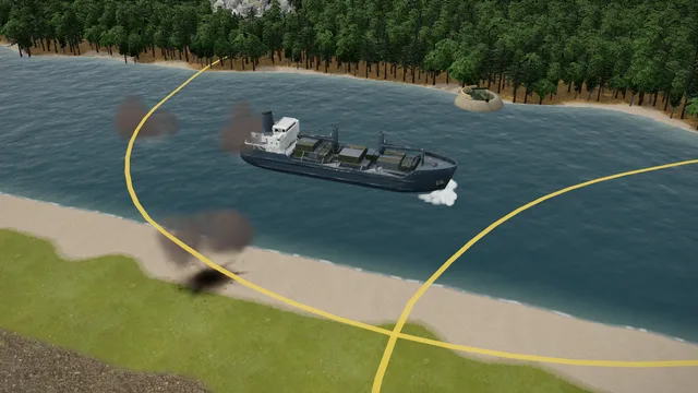 Operation Convoy in Iron War: a supply ship sails through the strait while shells from a coastal battery strike around it