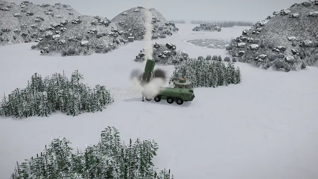 A launch site of operation Countdown in Iron War: a truck with a raised missile on the snowy plateau