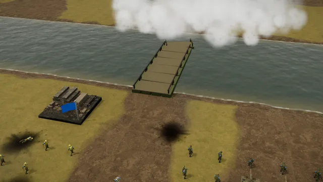 Operation The Crossing in Iron War: a pontoon bridge half laid across the wide river, smoke over the far bank, the engineers on the bank