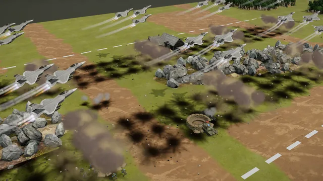 Operation Delaying Action in Iron War: bombers sweep low over an abandoned ridge with a farm while the bombs strike among the rocks