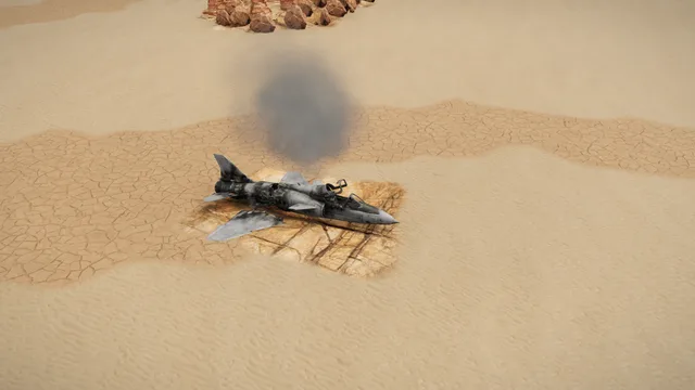 Operation Downed in Iron War: the smoking wreck of a jet in the desert