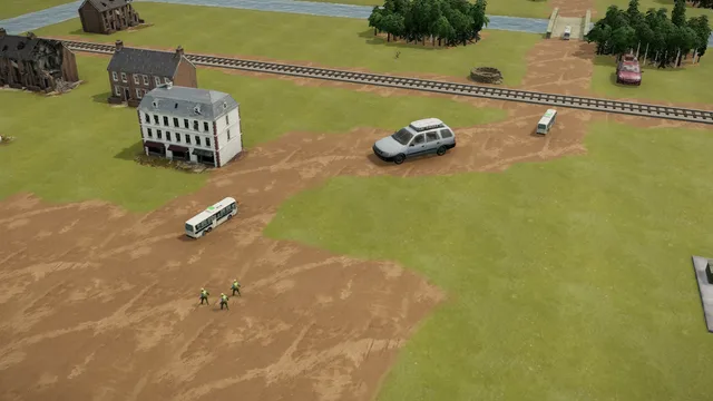 Operation Evacuation in Iron War: white buses drive down the road out of the town, past wrecked houses and abandoned cars, towards the level crossing and a stone bridge