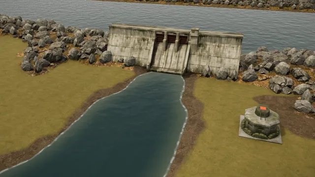 The dam of operation Floodgate in Iron War: a concrete dam with sluices between the rocks, the reservoir behind it and a river below