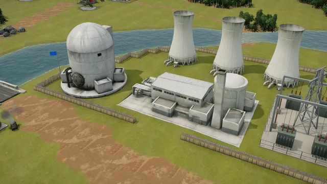 The nuclear power station of operation High Voltage in Iron War: a concrete reactor dome, a turbine hall, three cooling towers and a switchyard behind a wall