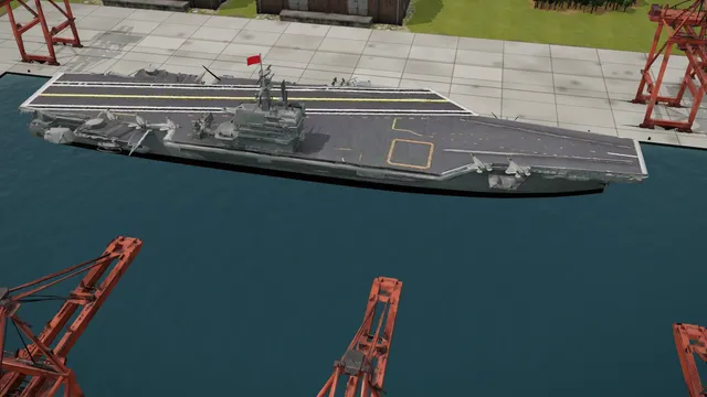 The aircraft carrier of operation Leviathan in Iron War: a huge grey carrier with jets on her deck, at the quay of a naval harbor with cranes