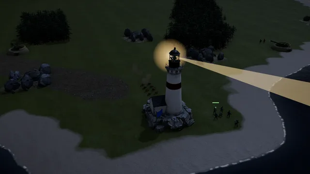 Operation Lighthouse in Iron War: a lighthouse at night on a rocky island, its beam over the water, coastal batteries in the dark