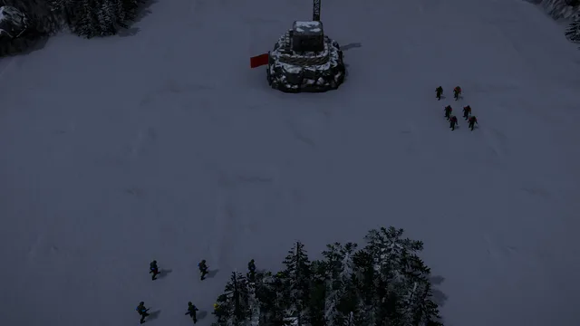 Operation Mountain Post in Iron War: a small party closes in by night on the observation post with its radio mast on a snowy peak