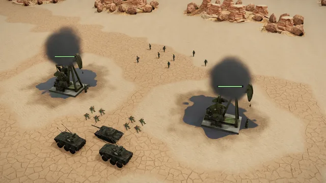 Operation The Oil Fields in Iron War: burning oil wells on the plateau, with tanks and soldiers beside them