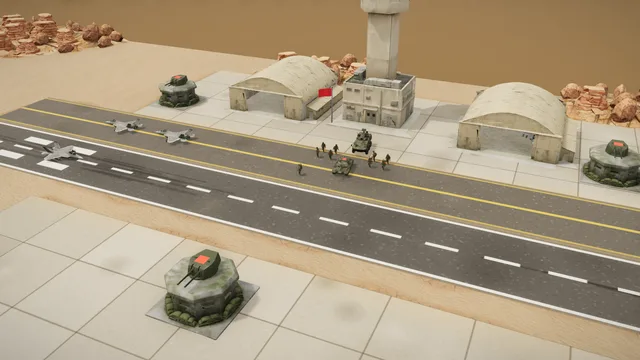 The airbase of operation Runway in Iron War: three jets taxiing to the runway, with the control tower between two hangars and bunkers behind