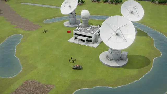The satellite ground station of operation Sky Eye in Iron War: three big dishes and a control building with a radar dome, on a mound inside a moat in the polder