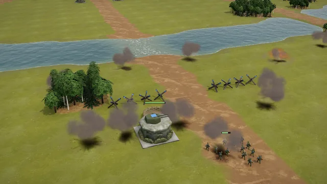 Operation The Line in Iron War: enemy shells strike around a bunker and a row of tank traps at the ford of an old river arm while soldiers man the position