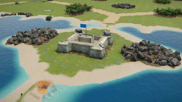 The citadel of operation Thunderclap in Iron War: an old star fort with two gun turrets on an island in a strait